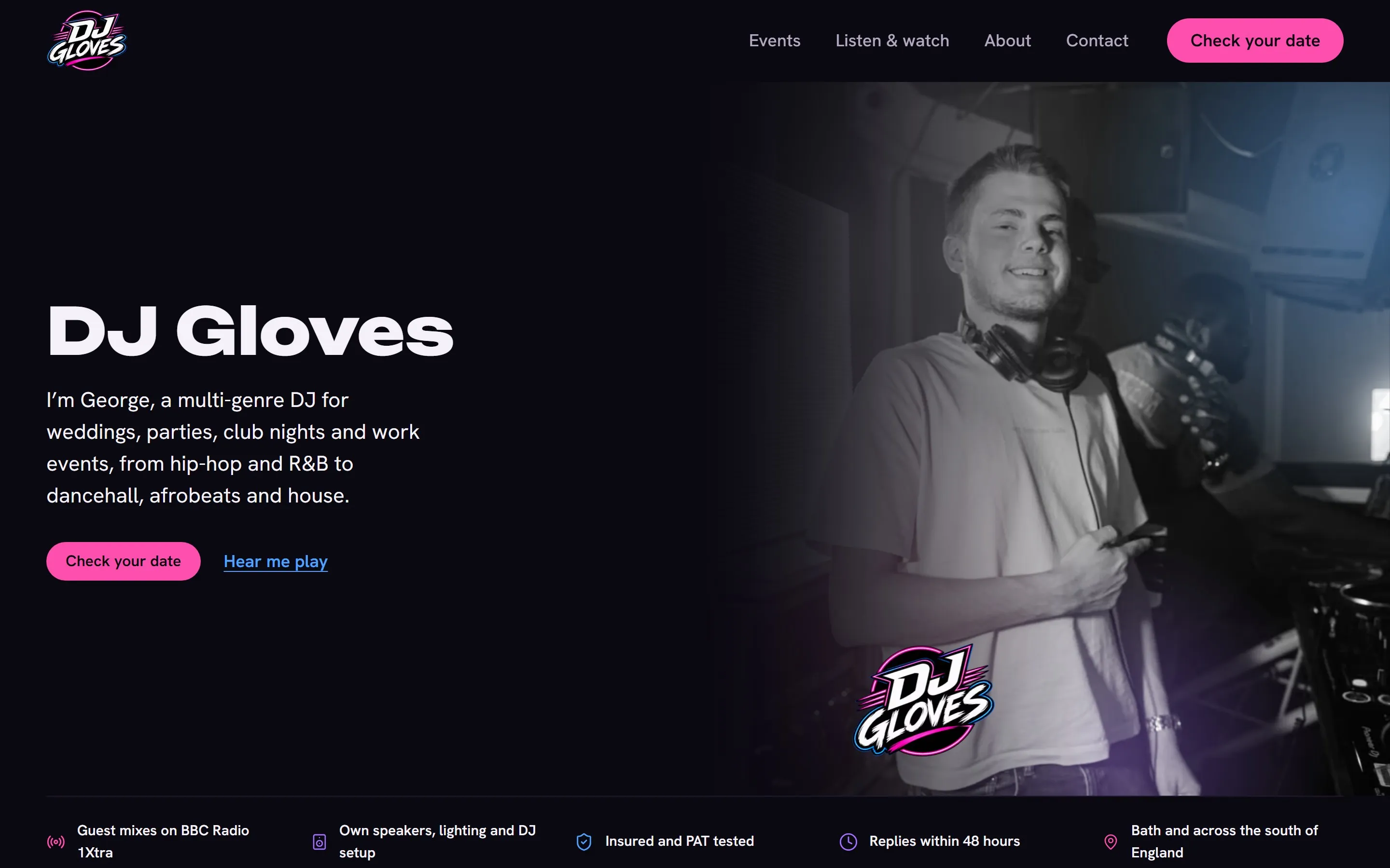 The top of the DJ Gloves homepage on a laptop: a dark page with the headline "DJ Gloves", a short intro from George and a "Check your date" button, beside a black and white photo of him in the DJ booth.