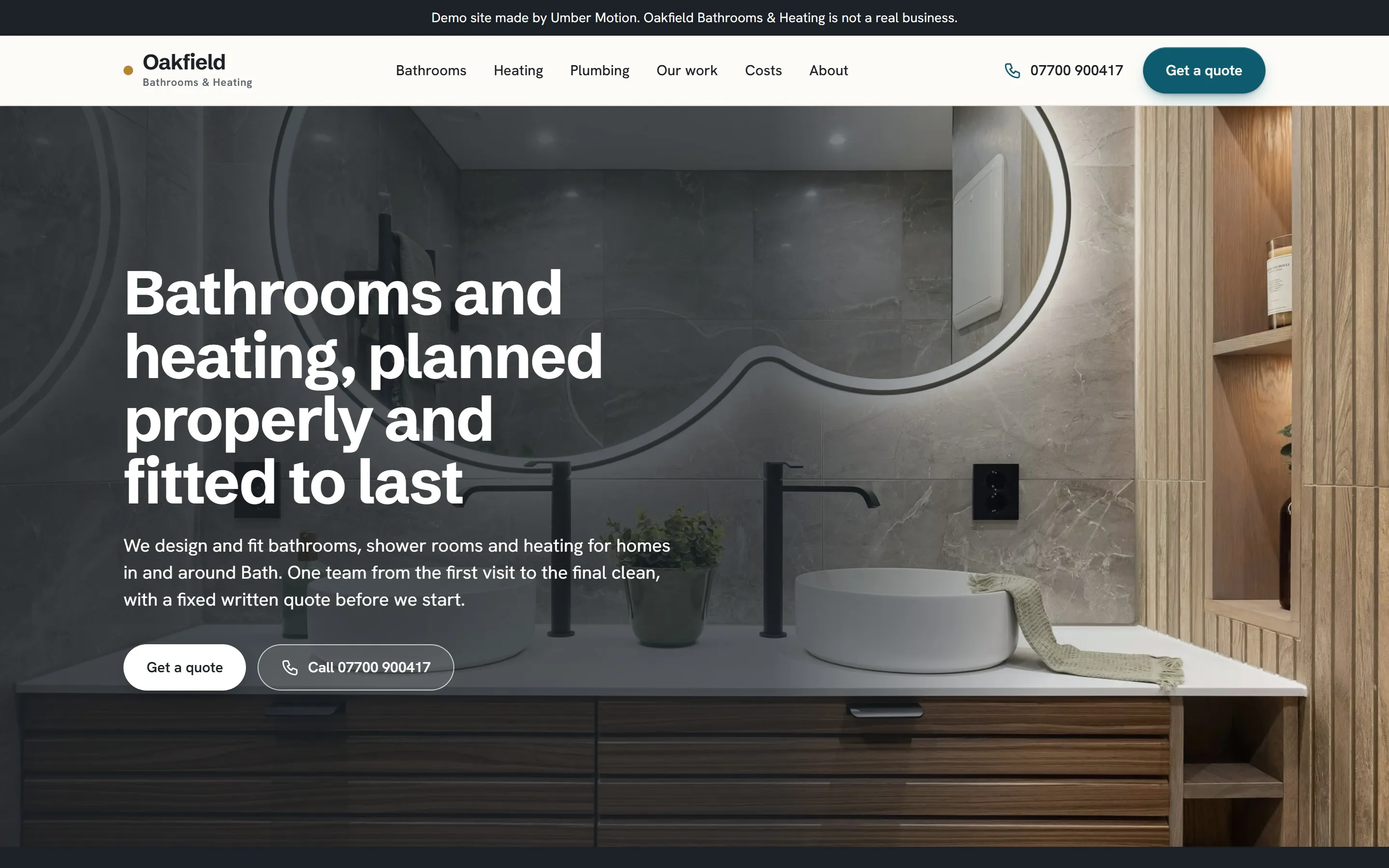 The top of the Oakfield Bathrooms & Heating demo homepage on a laptop, with a large bathroom photo and the headline "Bathrooms and heating, planned properly and fitted to last".